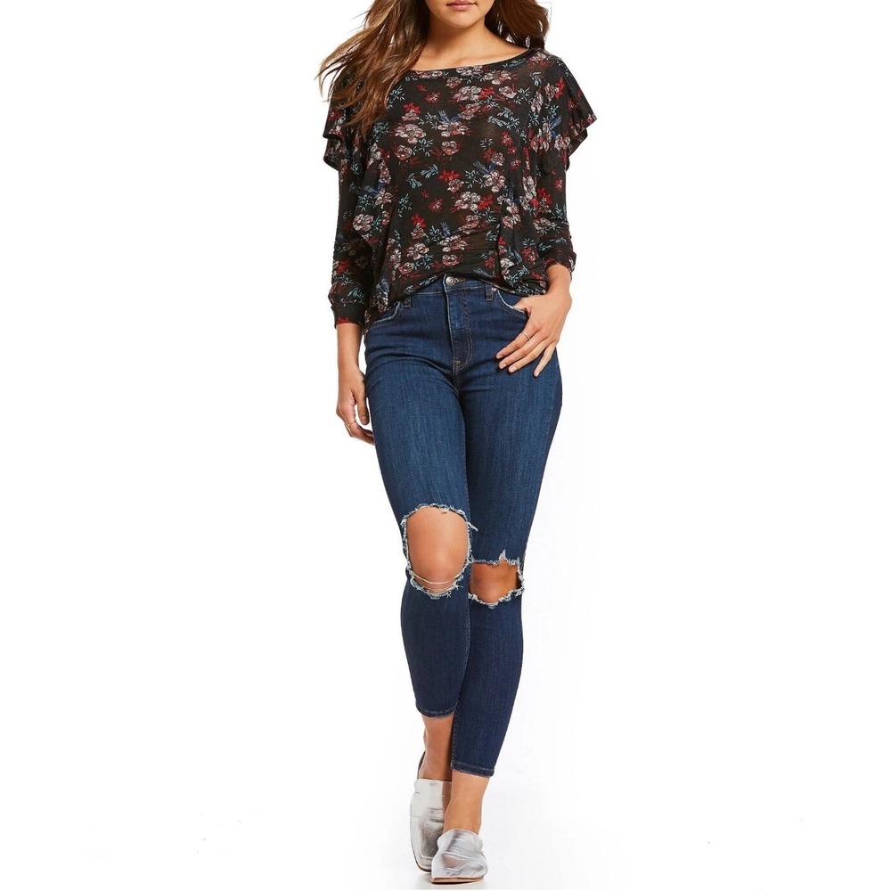 Free People Distressed Busted Knee Skinny Jeans Women's Size 25R Blue Mid Rise